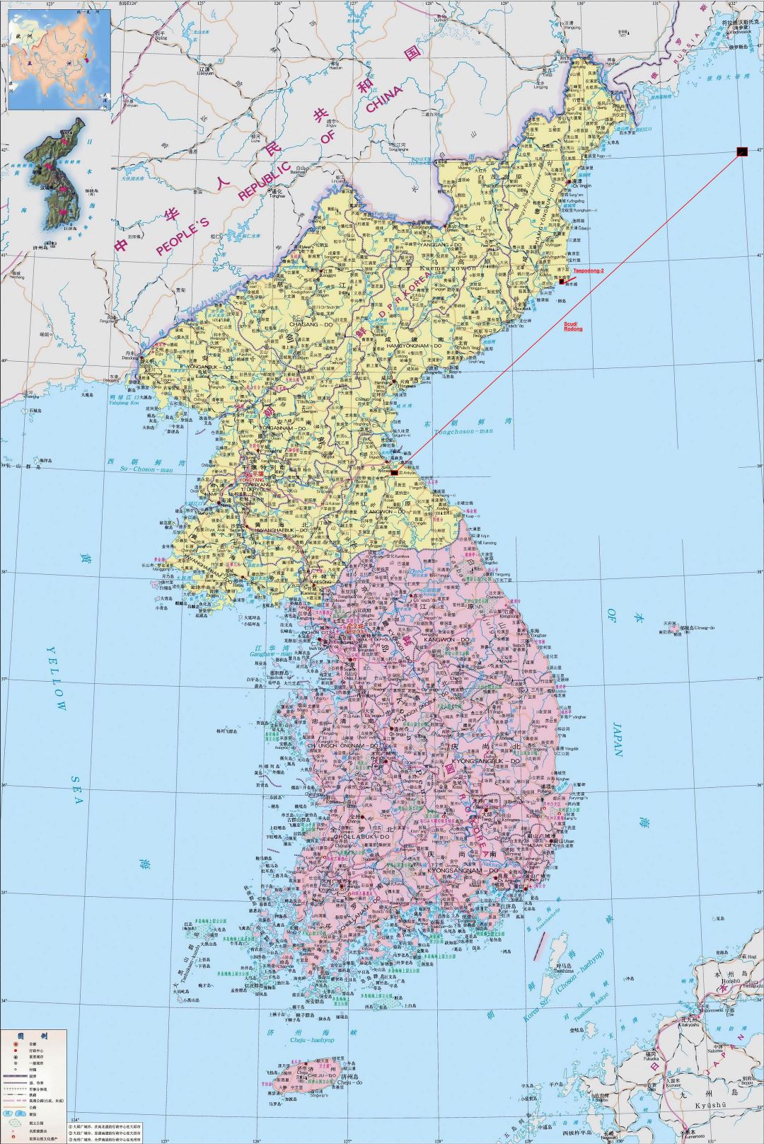 Grande detallado mapa político de la Península de Corea en chino