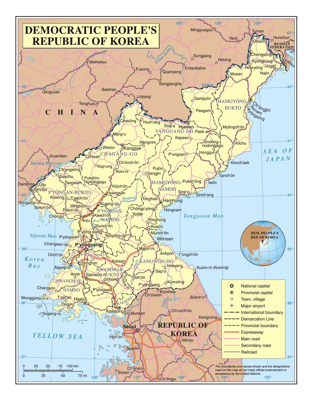 Grande detallado mapa político y administrativo de Corea del Norte (RPDC) con carreteras, ferrocarriles, ciudades y aeropuertos