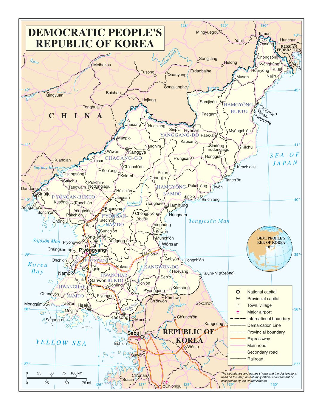 Grande detallado mapa político y administrativo de Corea del Norte con carreteras, ferrocarriles, ciudades y aeropuertos