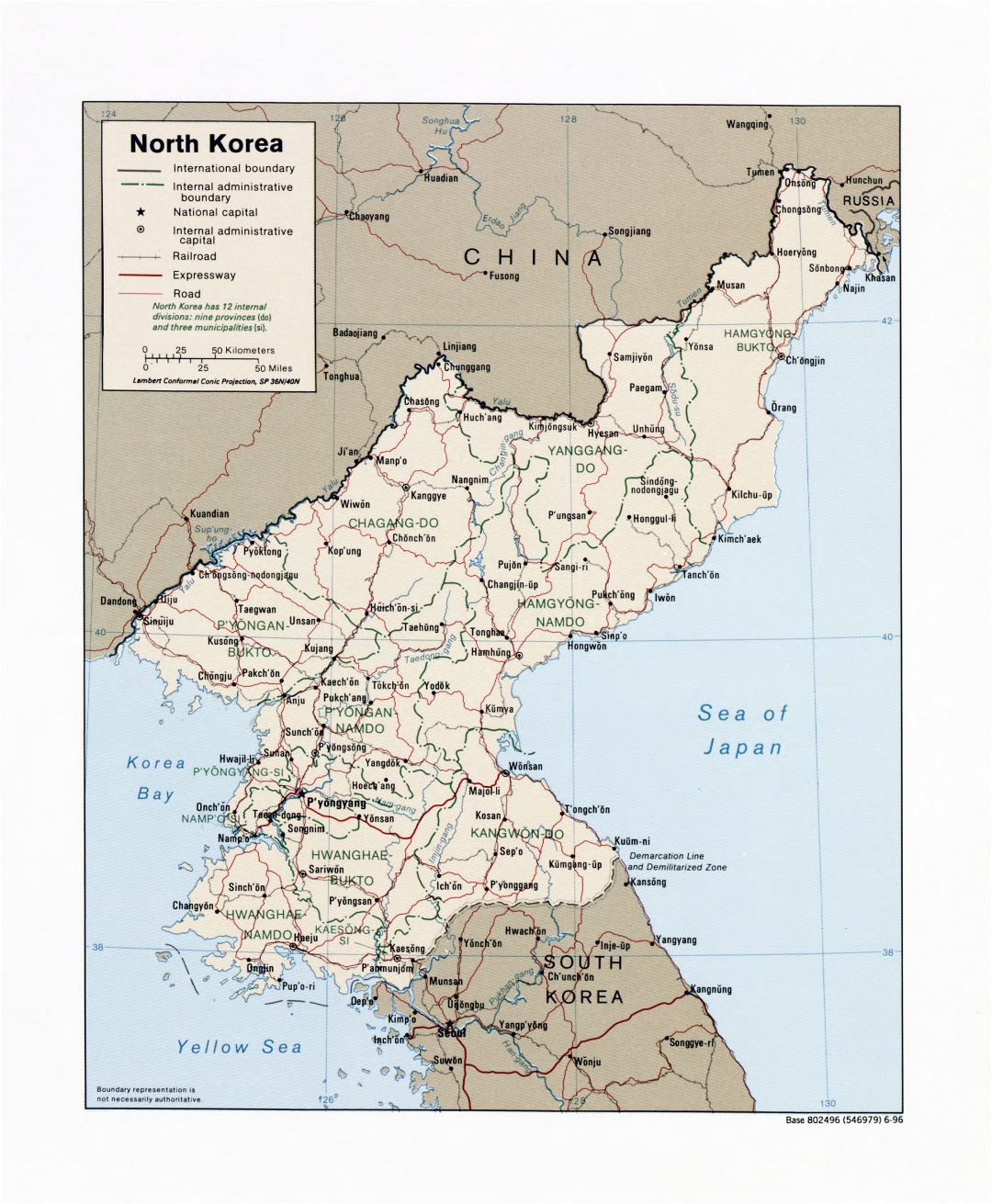 Grande detallado mapa político y administrativo de Corea del Norte con carreteras, ferrocarriles y principales ciudades - 1996