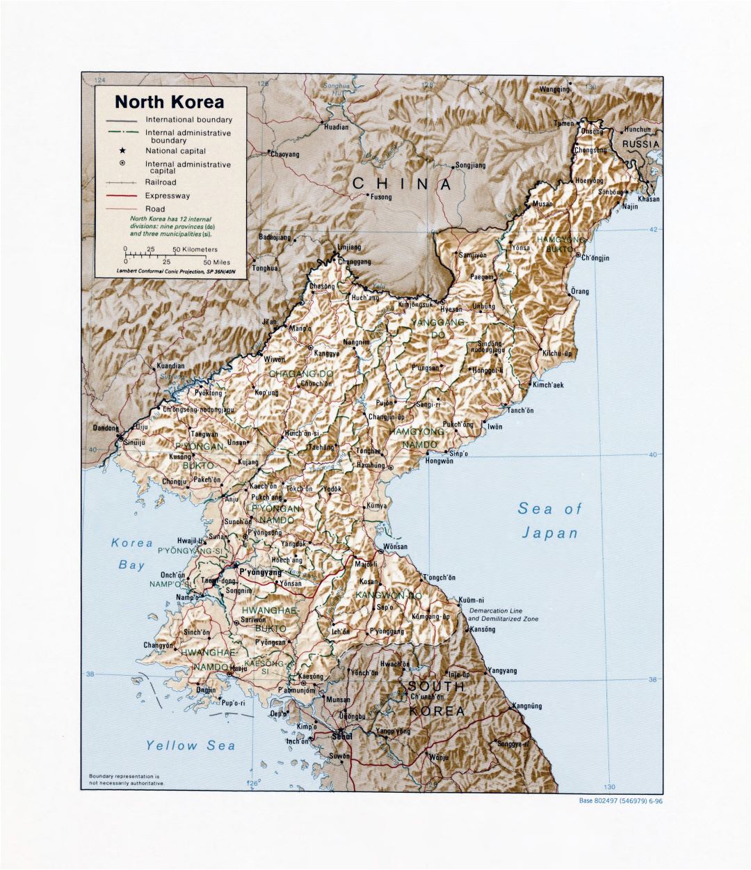 Grande detallado mapa político y administrativo de Corea del Norte con socorro, carreteras, ferrocarriles y principales ciudades - 1996