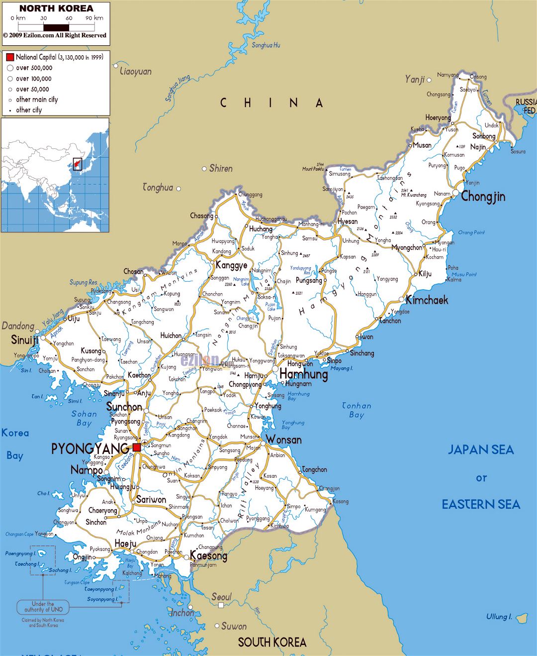 Grande mapa de carreteras de Corea del Norte con ciudades y aeropuertos