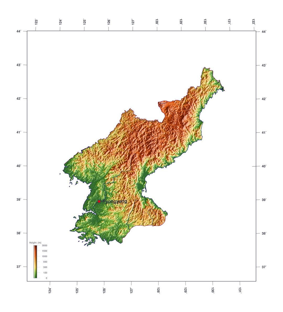 Grande mapa de elevación de Corea del Norte