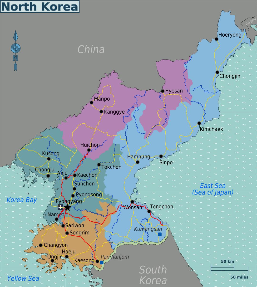 Grande mapa de regiones de Corea del Norte