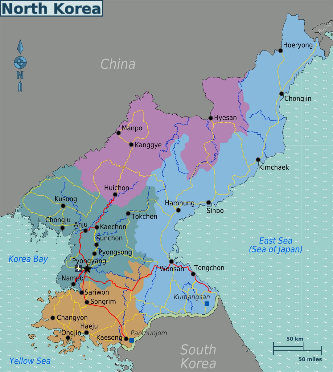 Grande mapa de regiones de Corea del Norte | Corea del Norte | Asia