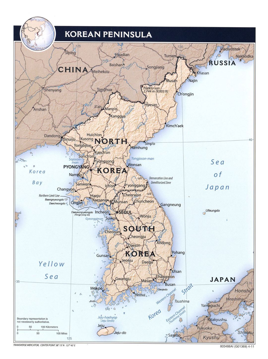 Grande mapa político de la Península de Corea con socorro, carreteras, ferrocarriles y grandes ciudades - 2011