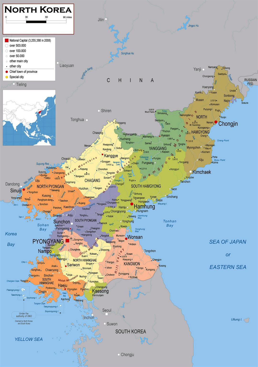 Grande mapa político y administrativo de Corea del Norte (RPDC) con carreteras, aeropuertos y ciudades