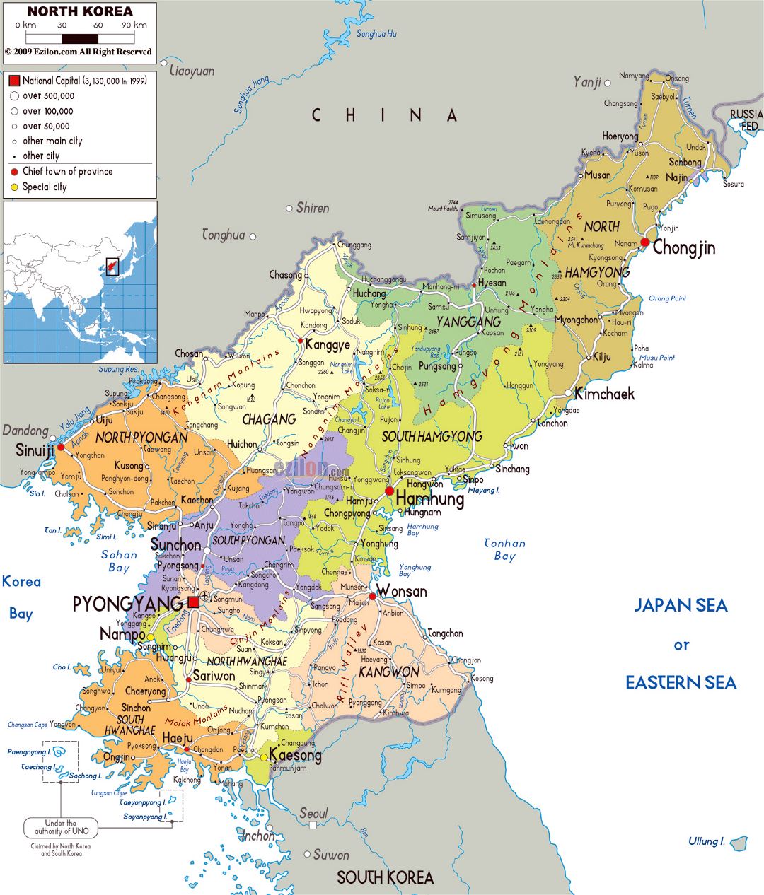 Grande mapa político y administrativo de Corea del Norte con carreteras, ciudades y aeropuertos