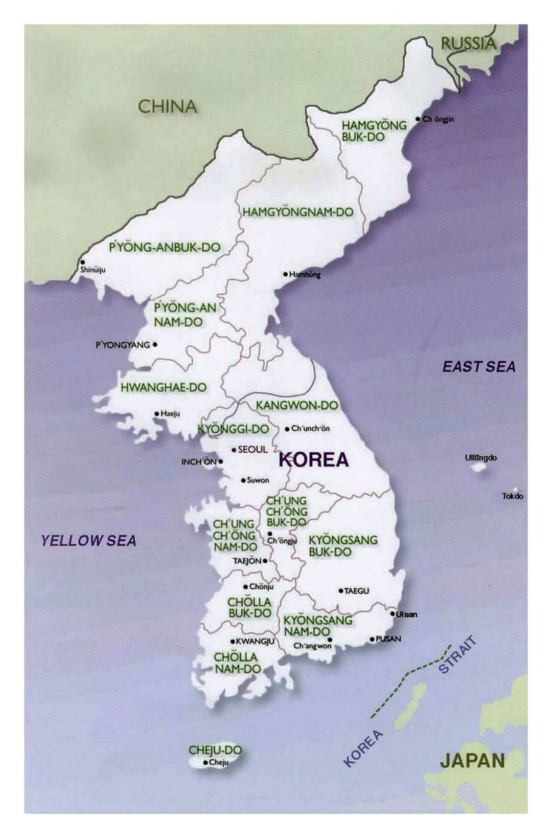 Mapa político y administrativo de la Península de Corea