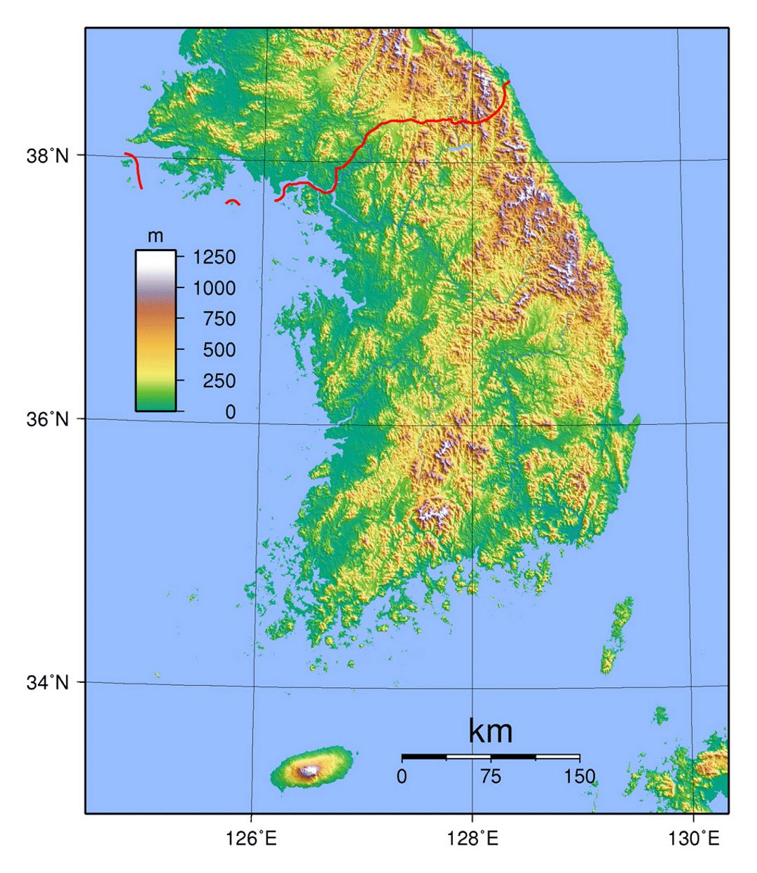 Detallado mapa físico de Corea del Sur