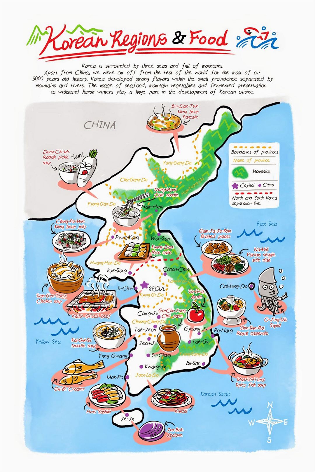 Detallado mapa ilustrado de regiones alimentarias coreanas
