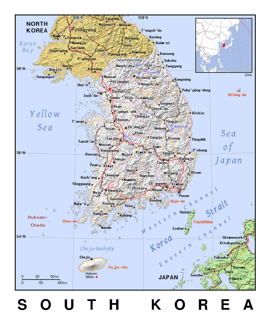 Detallado mapa político de Corea del Sur con relieve