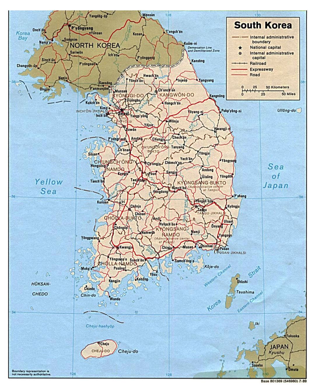 Detallado mapa político y administrativo de Corea del Sur con carreteras, ferrocarriles y principales ciudades - 1989