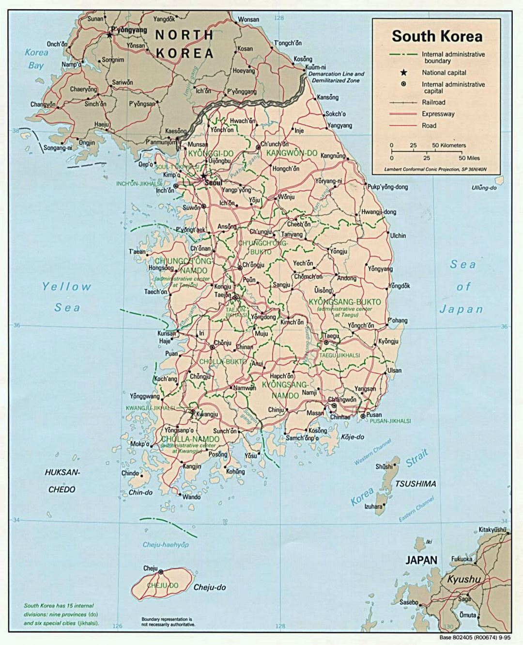 Detallado mapa político y administrativo de Corea del Sur con carreteras, ferrocarriles y principales ciudades - 1995