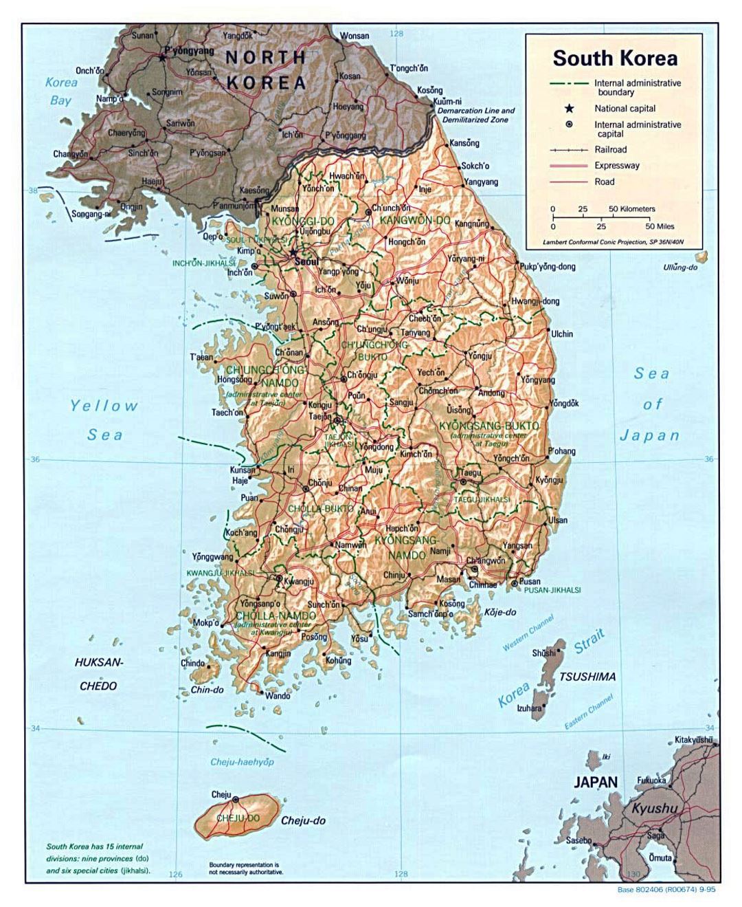 Detallado mapa político y administrativo de Corea del Sur con relieve, carreteras, ferrocarriles y principales ciudades - 1995