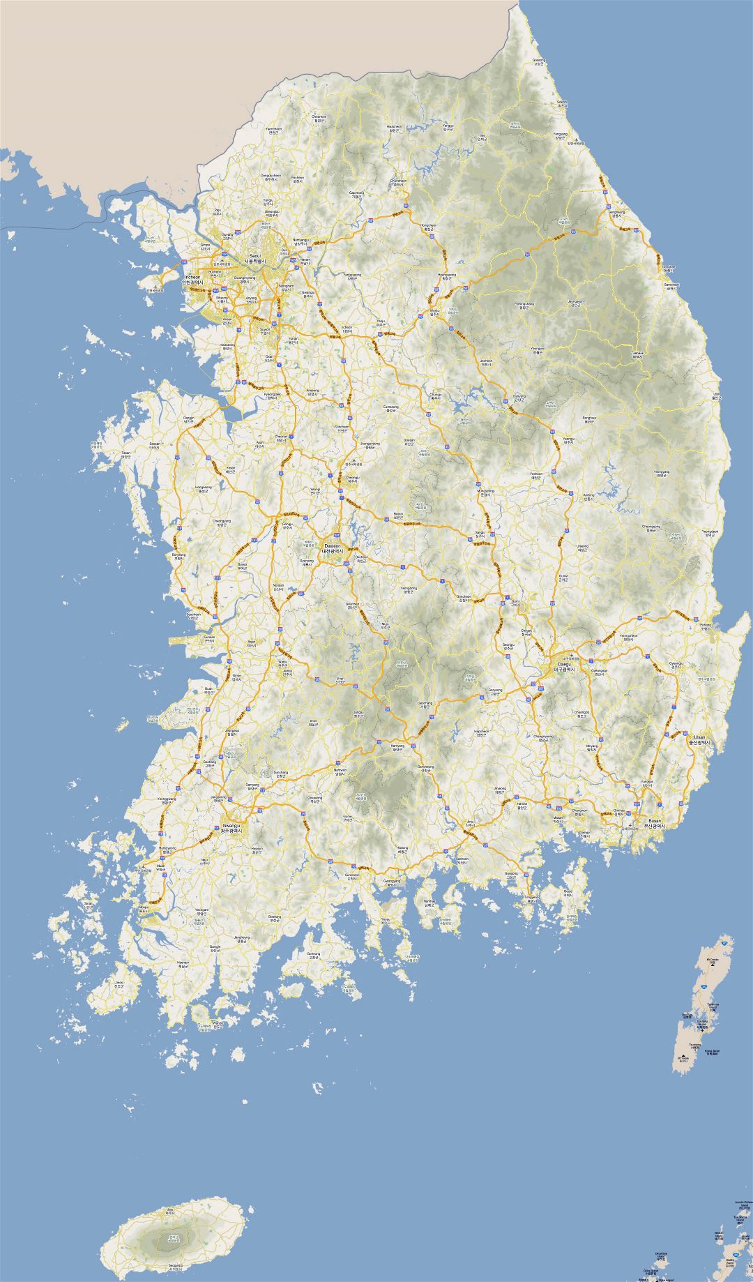 Grande detallado mapa de carreteras de Corea del Sur con todas ciudades