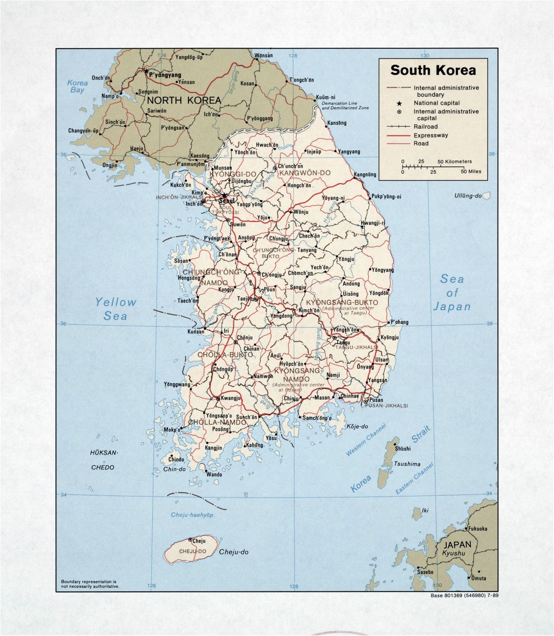 Grande detallado mapa político y administrativo de Corea del Sur con carreteras, ferrocarriles y principales ciudades - 1989