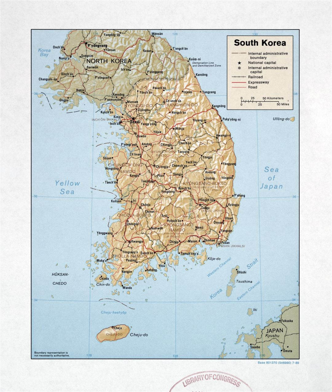 Grande detallado mapa político y administrativo de Corea del Sur con relieve, carreteras, ferrocarriles y principales ciudades - 1989