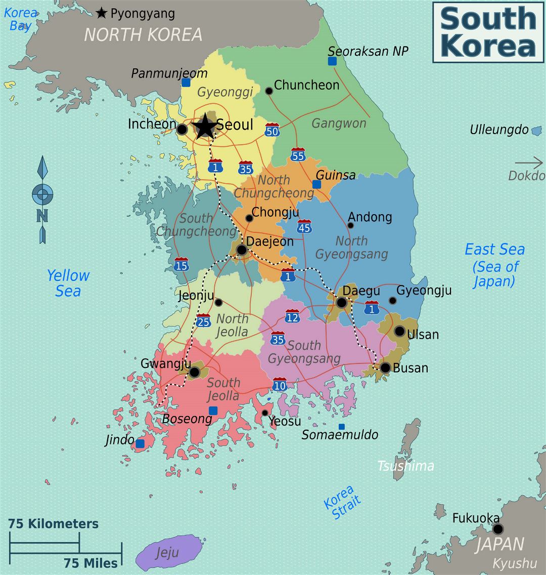 Grande mapa de regiones de Corea del Sur