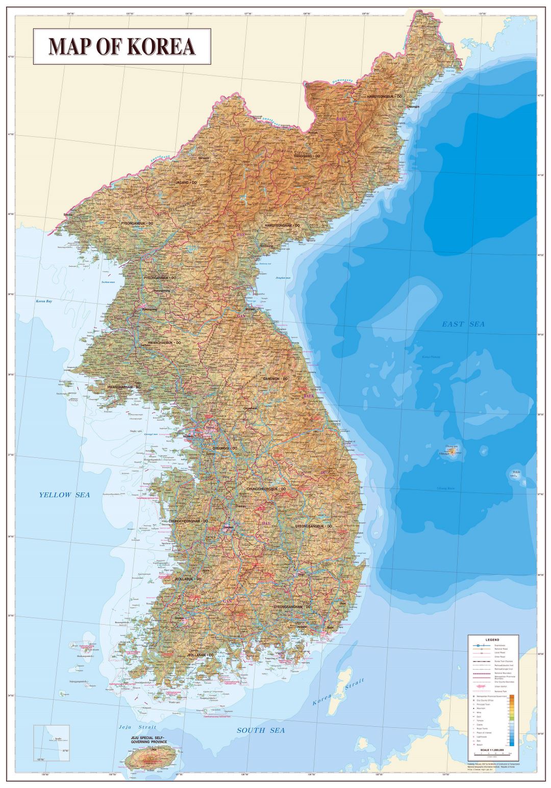 Grande mapa físico de península de Corea con todas ciudades
