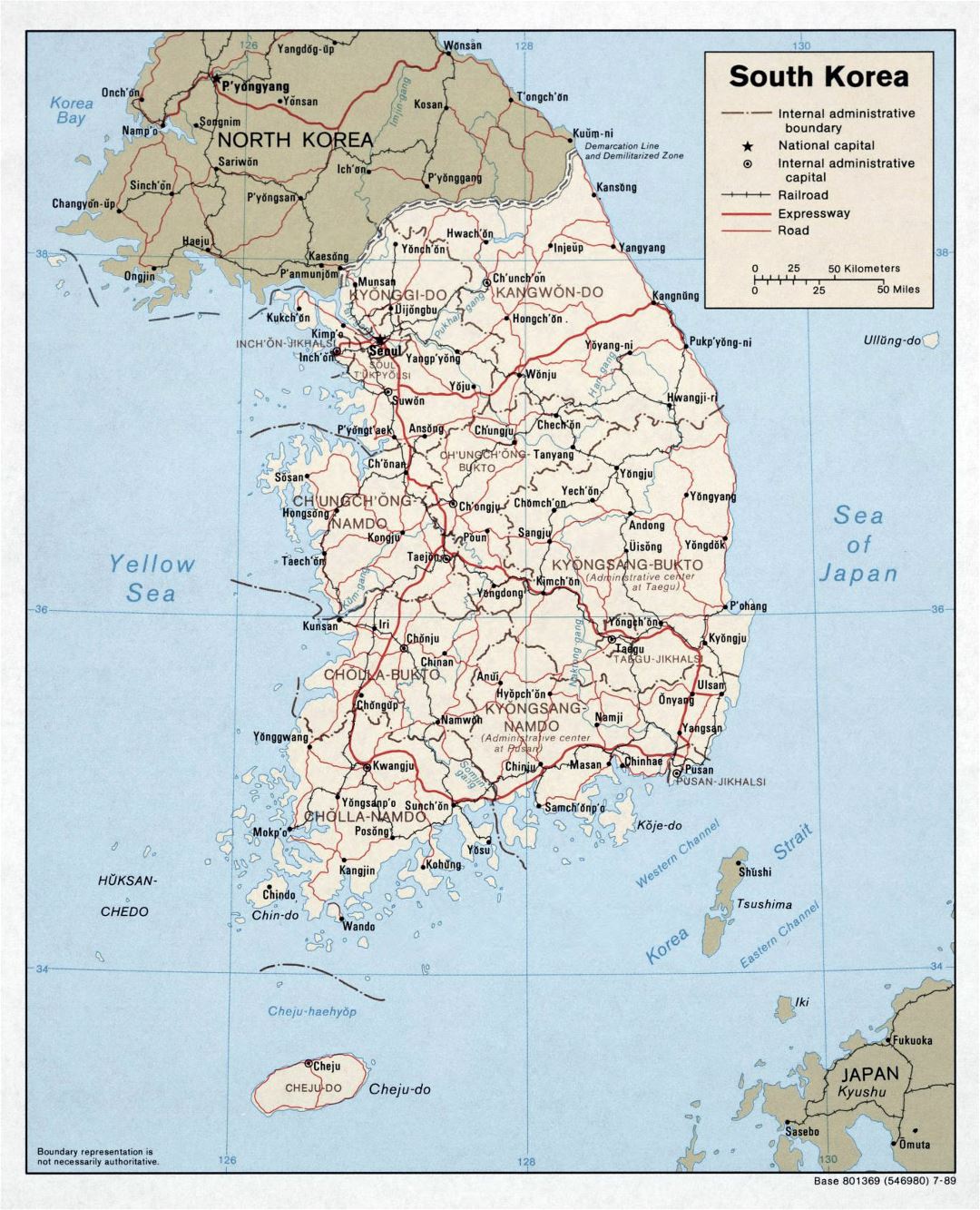 Grande mapa político y administrativo de Corea del Sur con carreteras, ferrocarriles y principales ciudades - 1989
