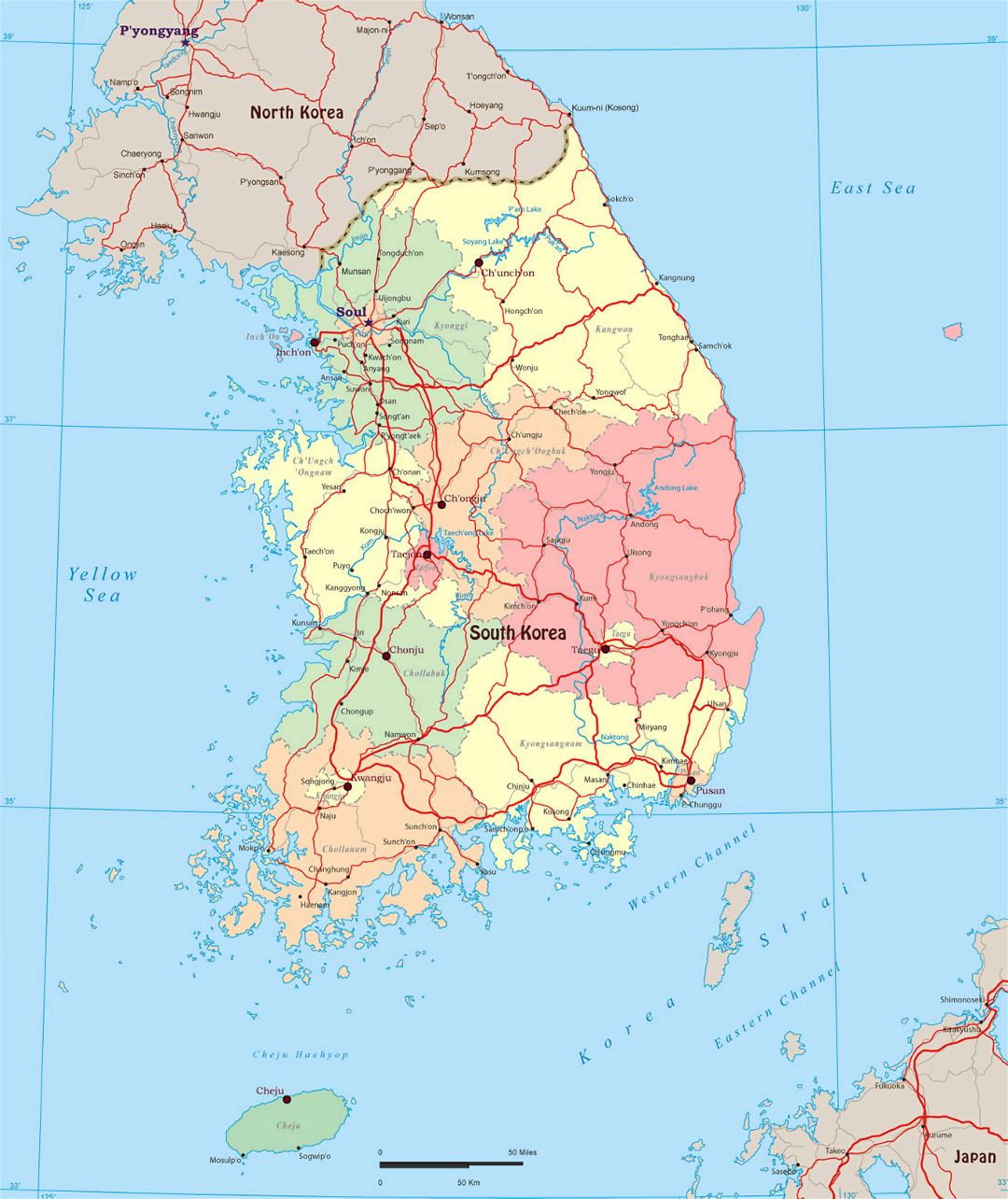 Grande mapa político y administrativo de Corea del Sur con carreteras y grandes ciudades