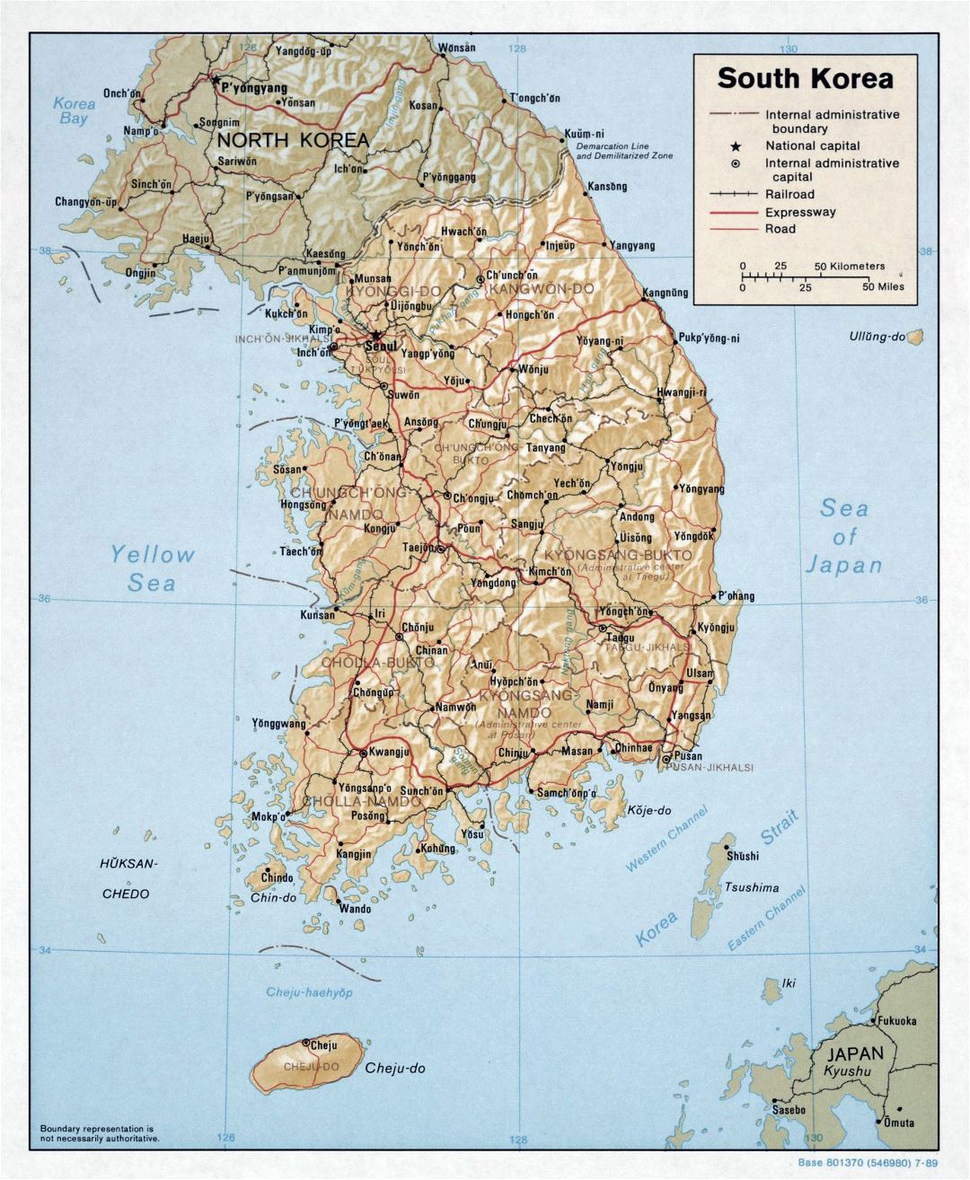 Grande mapa político y administrativo de Corea del Sur con relieve, carreteras, ferrocarriles y principales ciudades - 1989