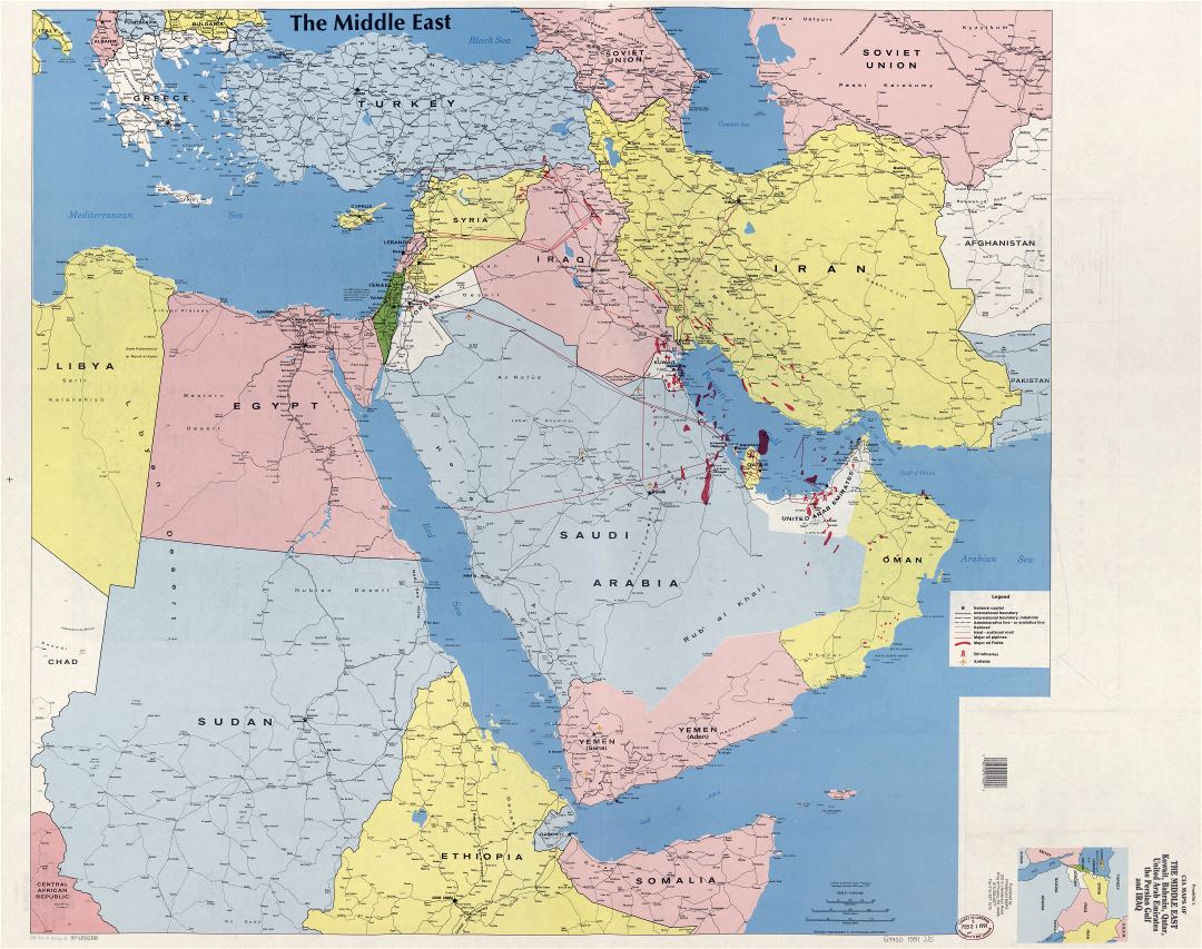 A gran escala detallado mapa de Medio Oriente, Kuwait, Bahrein, Qatar, Emiratos Árabes Unidos, el Golfo Pérsico e Irak - 1991