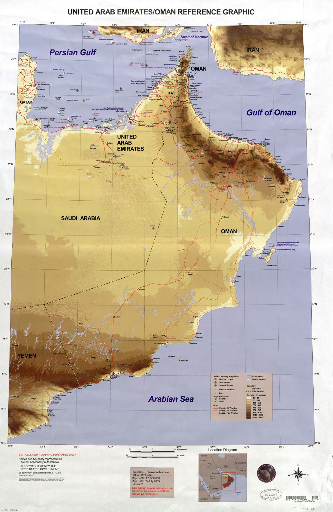 A gran escala detallado mapa gráfico de referencia de Emiratos Árabes Unidos y Omán - 2005