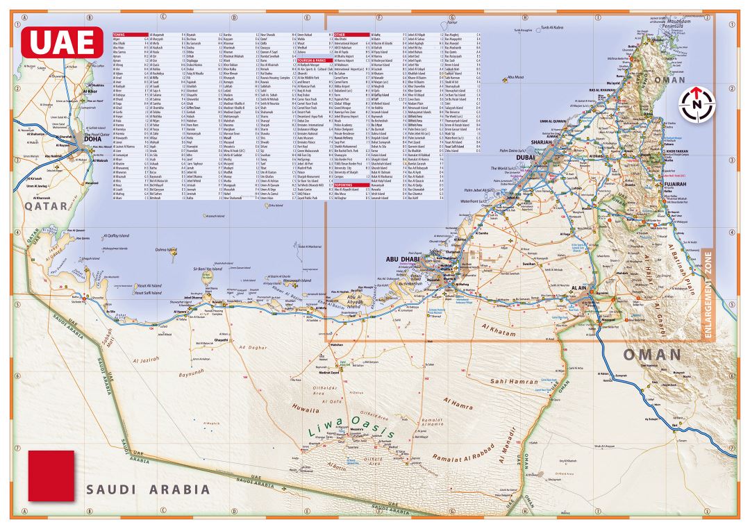 Detallado hoja de ruta de EAU con relieve, todas ciudades y otras marcas
