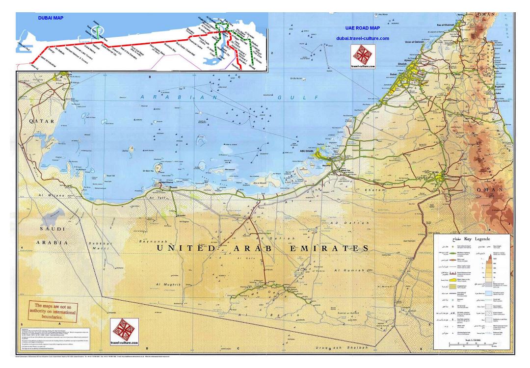 Detallado mapa de carreteras y elevaciones de EAU