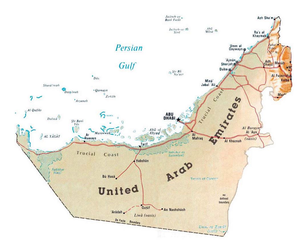 Detallado mapa de EAU con relieve y otras marcas