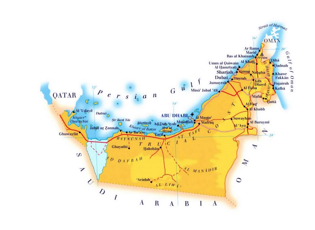 Detallado mapa de elevación de EAU con carreteras, ciudades y aeropuertos