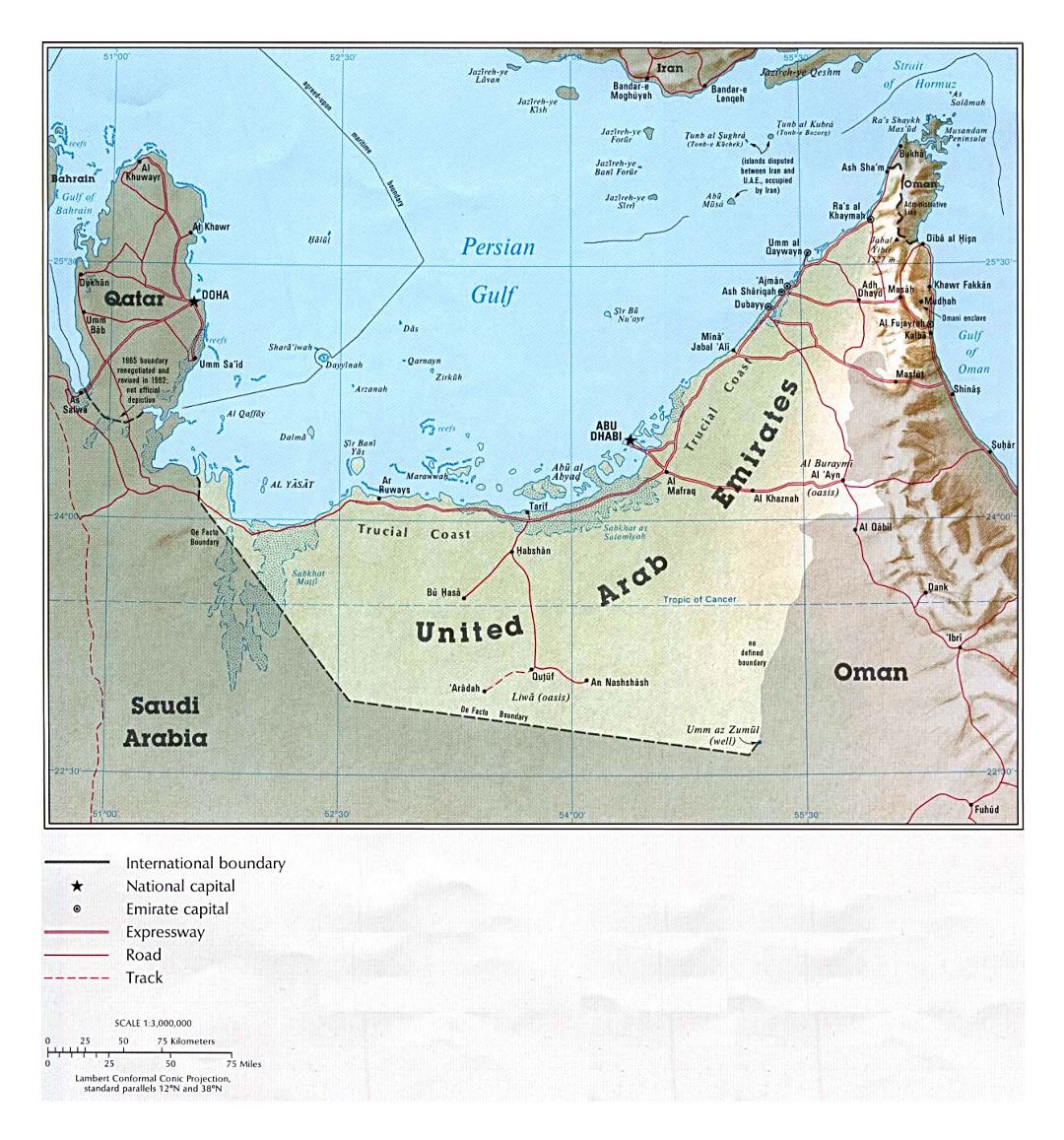 Detallado mapa político de EAU con socorro, carreteras y ciudades - 1993