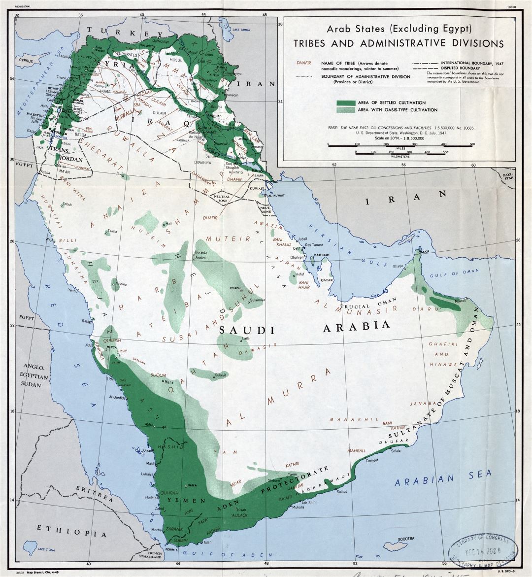 Grande detallado mapa de las tribus y administrativas divisiones de los estados árabes (excluyendo Egipto) - 1947