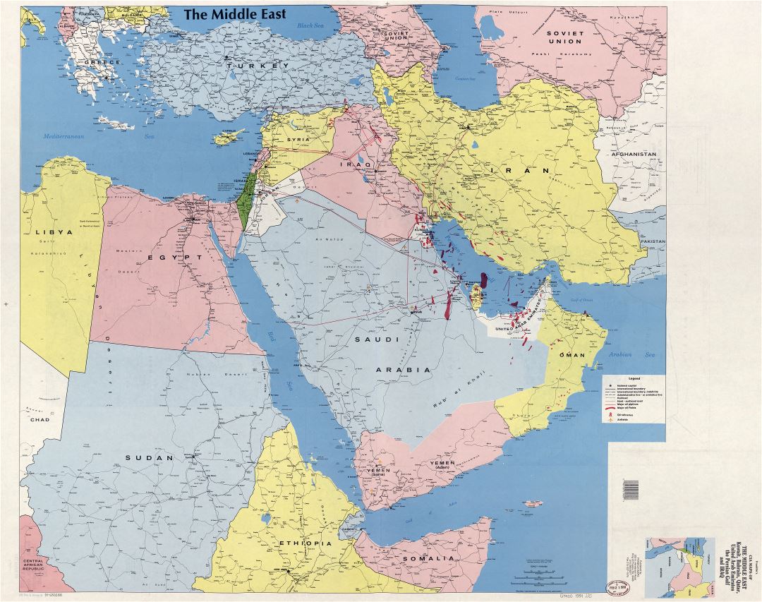 Grande detallado mapa del Medio Oriente, Kuwait, Bahrein, Qatar, Emiratos Árabes Unidos, el Golfo Pérsico e Irak - 1991