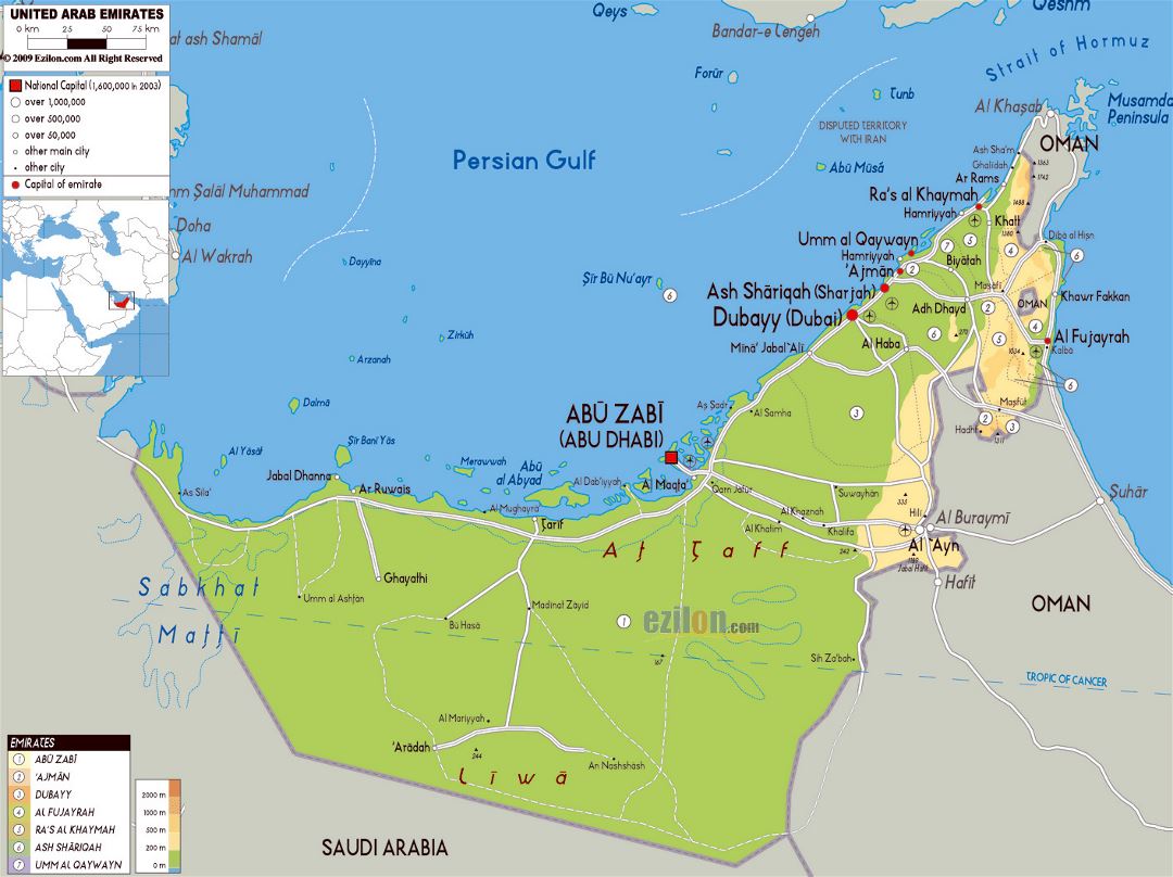 Grande mapa físico de los EAU con todas carreteras, ciudades y aeropuertos