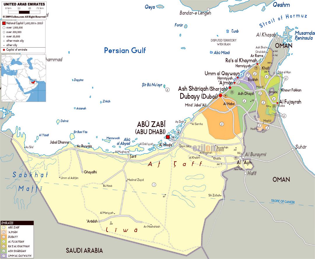 Grande mapa político de EAU con todas las carreteras, ciudades y aeropuertos
