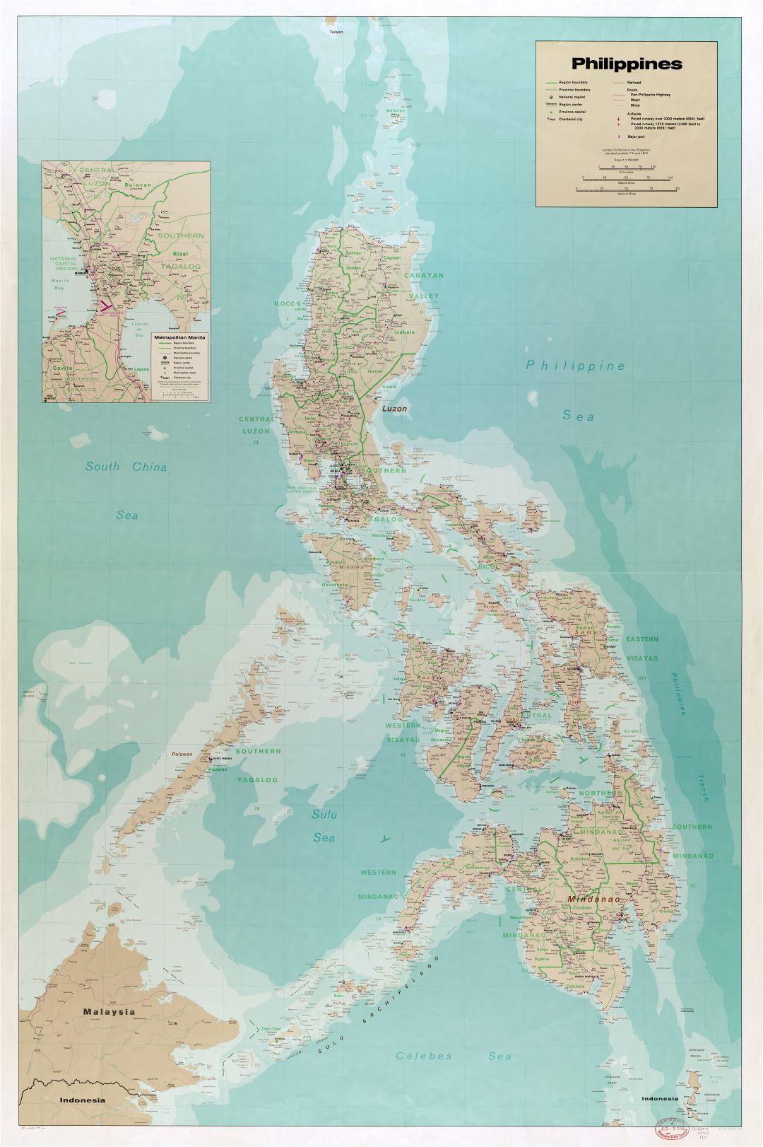 A gran escala detallado mapa político y administrativo de Filipinas con carreteras, ferrocarriles, todas ciudades, aeropuertos, puertos y otras marcas - 1990