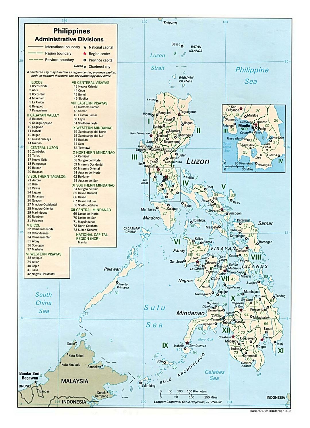 Detallado mapa de administrativas divisiones de Filipinas - 1993