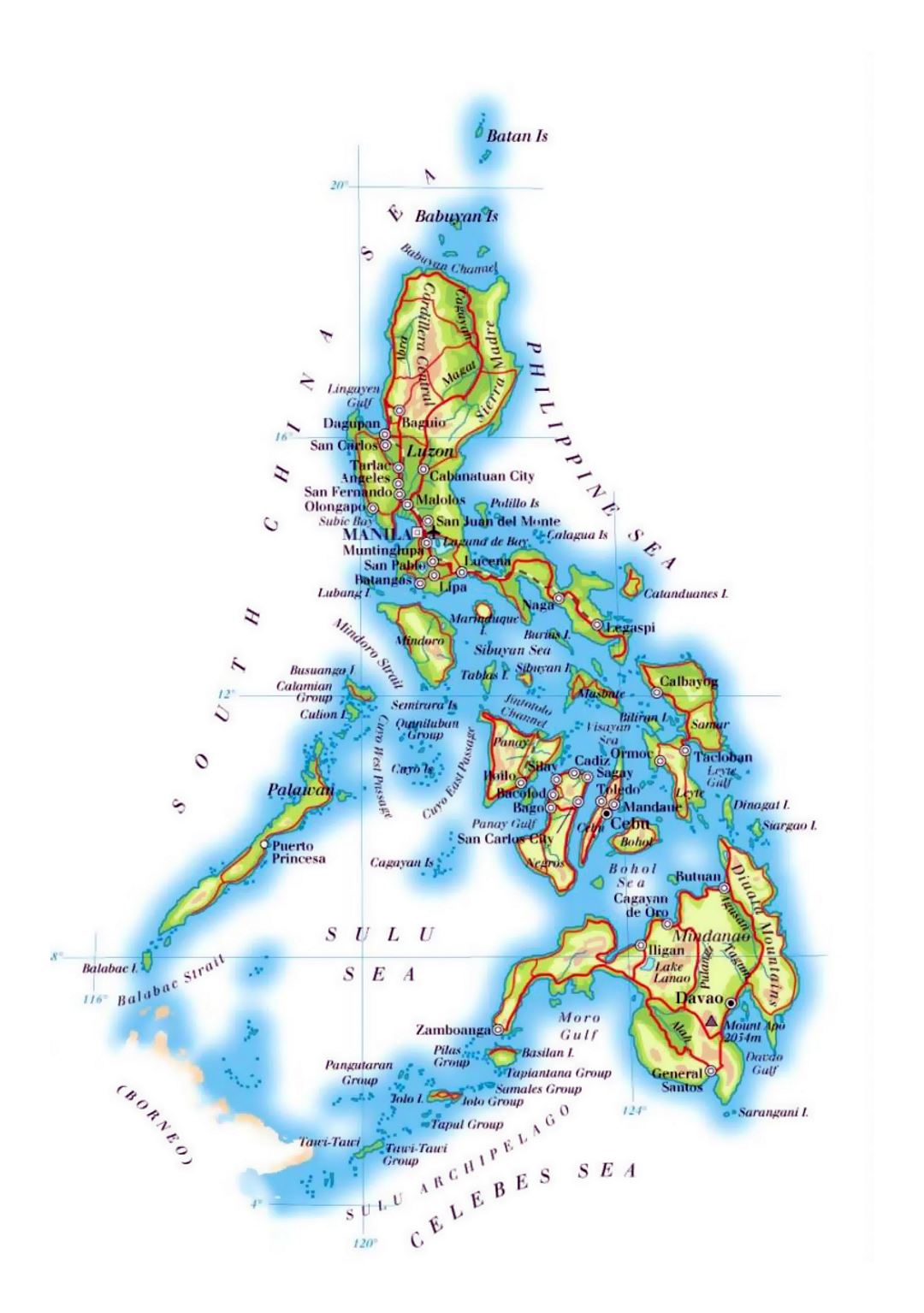 Detallado mapa de elevación de Filipinas con carreteras, ferrocarriles, principales ciudades y aeropuertos