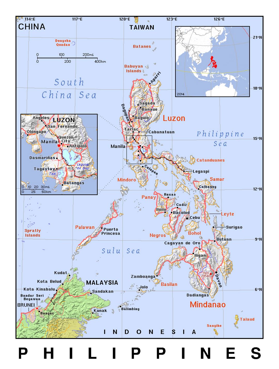 Detallado mapa político de Filipinas con alivio