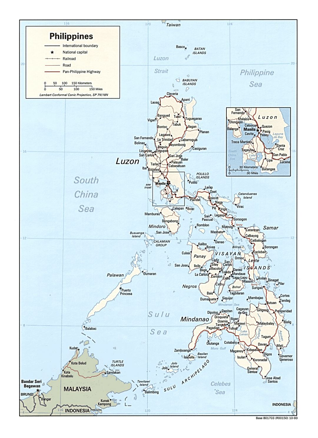 Detallado mapa político de Filipinas con carreteras, ferrocarriles y principales ciudades - 1993