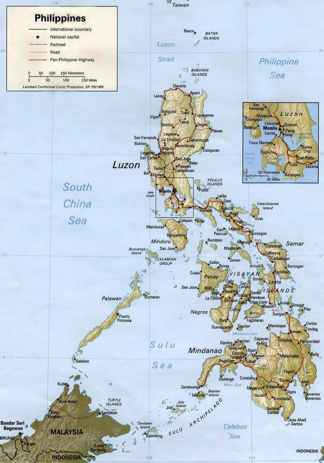 Detallado mapa político de Filipinas con relieve y otras marcas