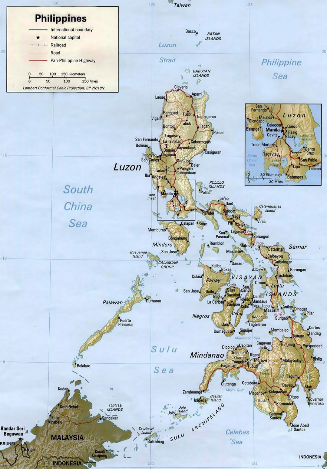 Detallado mapa político de Filipinas con relieve y otras marcas