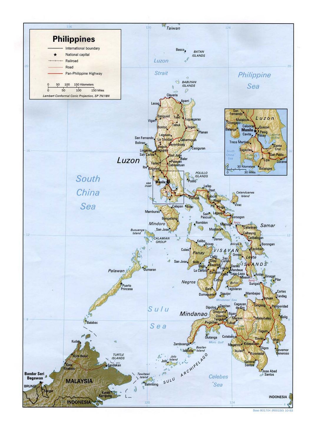 Detallado mapa político de Filipinas con socorro, carreteras, ferrocarriles y principales ciudades - 1993