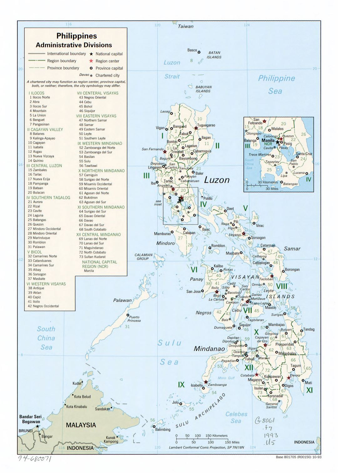 Grande detallado mapa de administrativas divisiones de Filipinas - 1993
