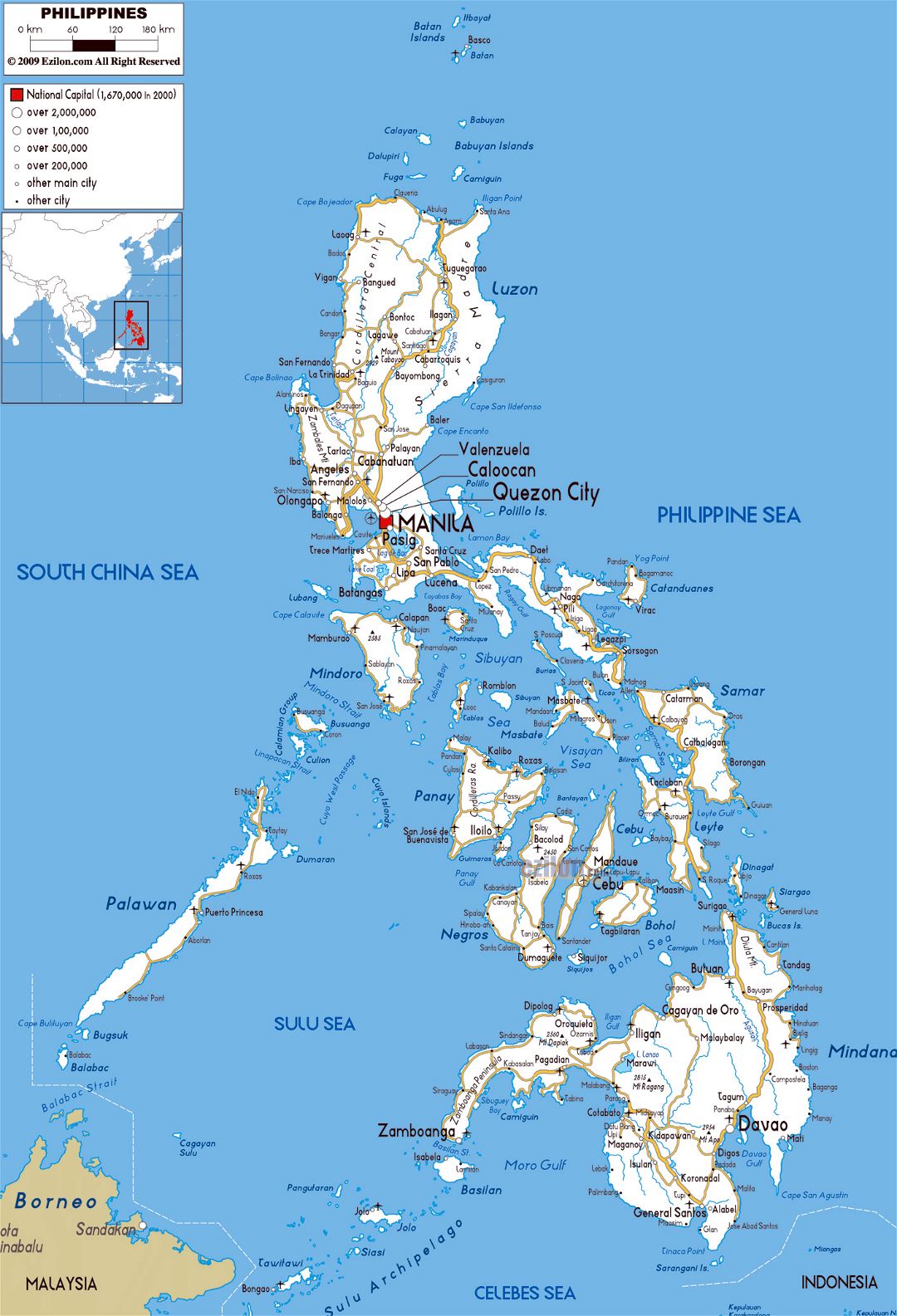 Grande mapa de carreteras de Filipinas con ciudades y aeropuertos
