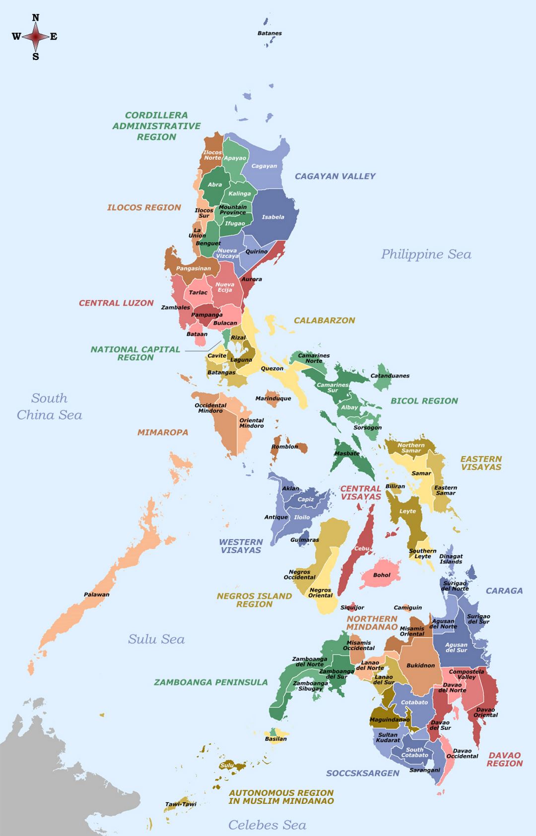 Grande mapa de provincias y regiones de Filipinas