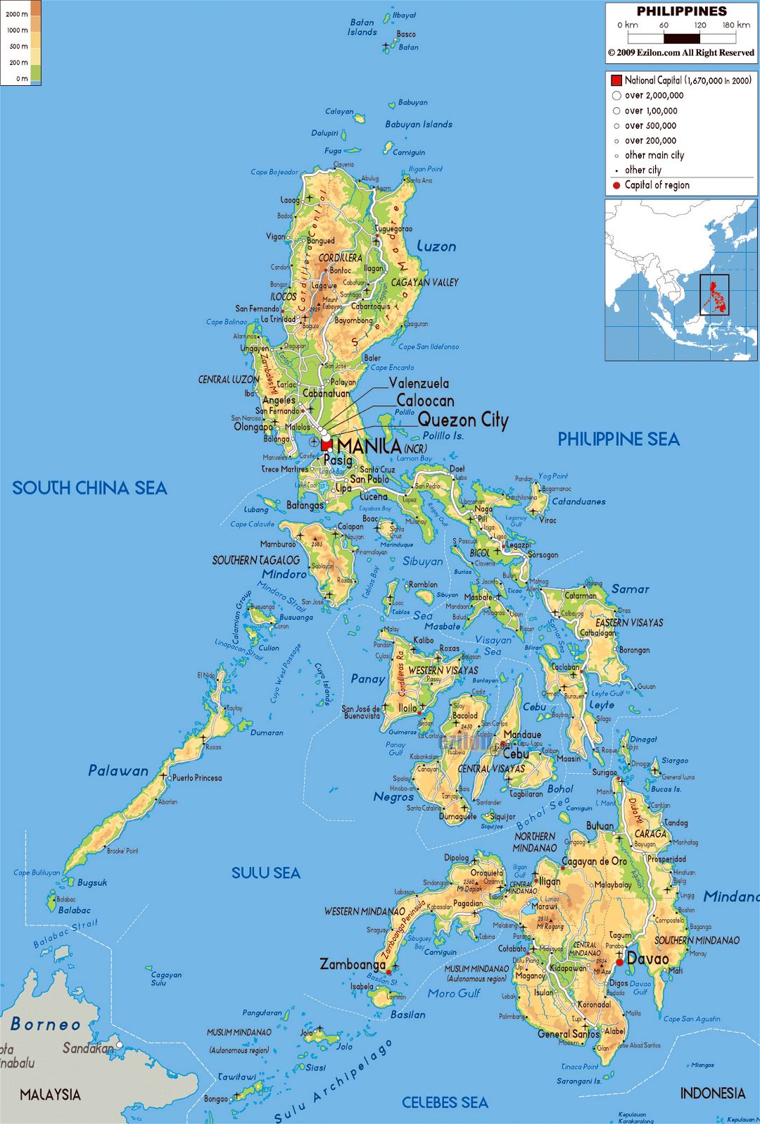 Grande mapa físico de Filipinas con carreteras, ciudades y aeropuertos